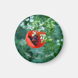 Macro Red Poppy Photo | Custom Name Floral Magnet
