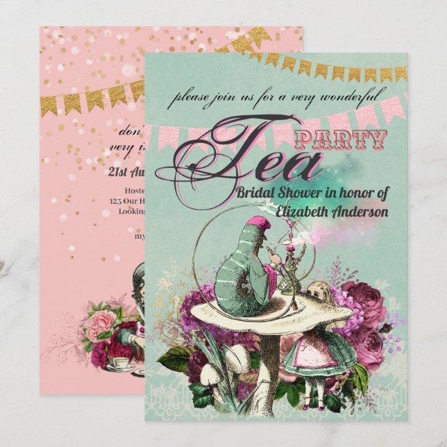 Mad Hatter Alice Vintag Tee Party Brautparty Einladung (Vorne/Hinten)