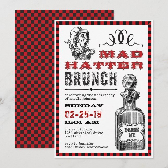 Mad Hatter Brunch Party auf Weiß Einladung (Vorne/Hinten)
