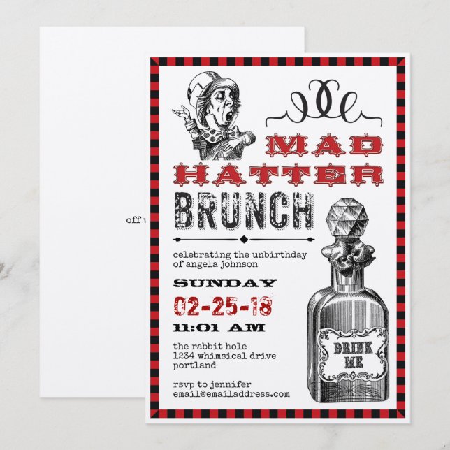 Mad Hatter Brunch Party Einladung (Vorne/Hinten)