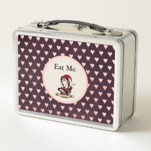 Mad Hatter "Eat Me" Burgund und rosa Herzen Metall Brotdose