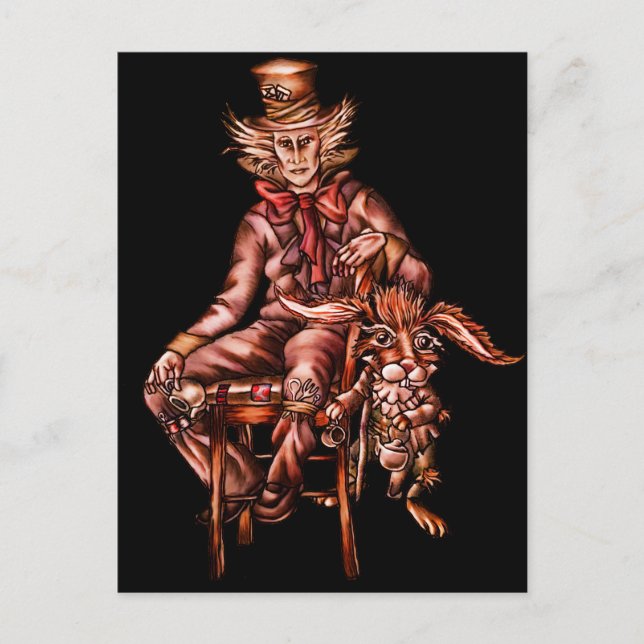 Mad Hatter mit März Hare Zeichnend Postkarte (Vorderseite)