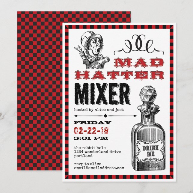 Mad Hatter Mixer Party auf Weiß Einladung (Vorne/Hinten)