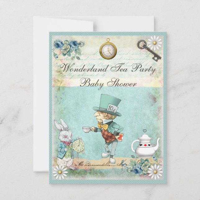 Mad Hatter Wonderland Tea Party Babydusche Einladung (Vorderseite)