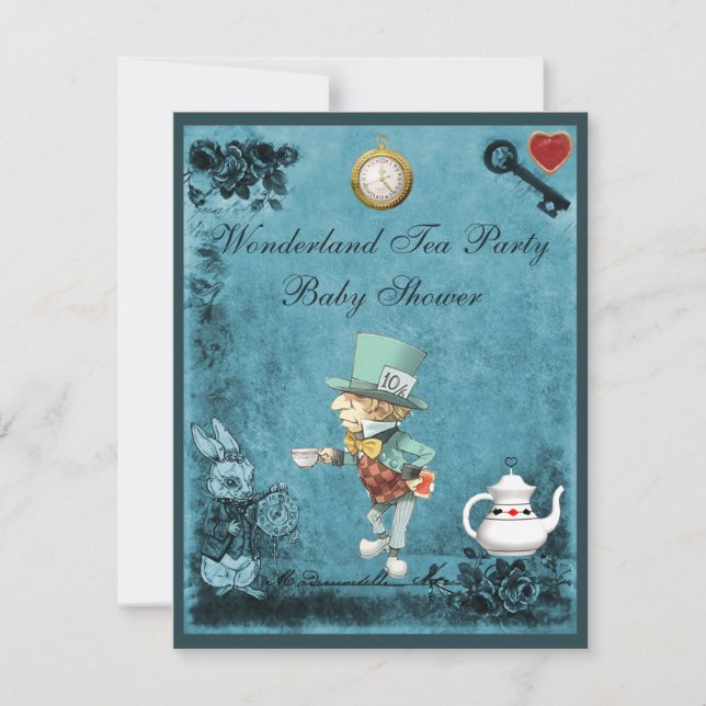 Mad Hatter Wonderland Tea Party Babydusche Einladung (Vorderseite)