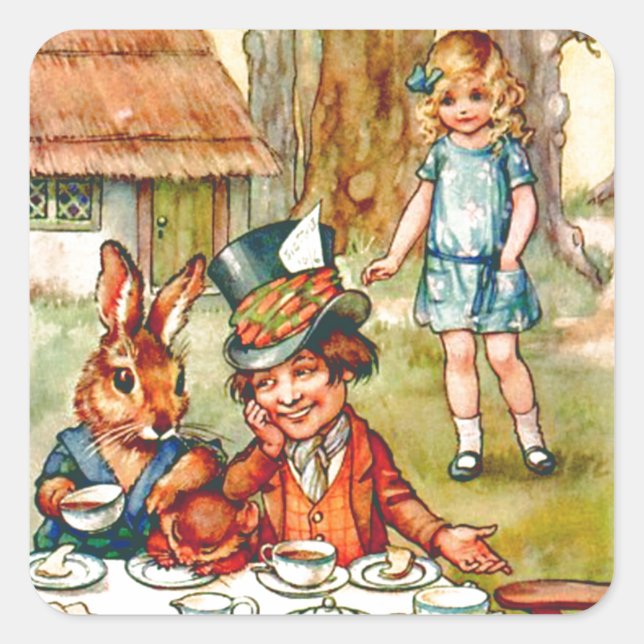 Mad Hatters Tea Party - Alice im Wunderland Quadratischer Aufkleber (Vorderseite)