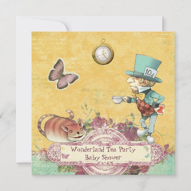 Mad Hatter's Wonderland Tea Party Babydusche Einladung (Vorderseite)