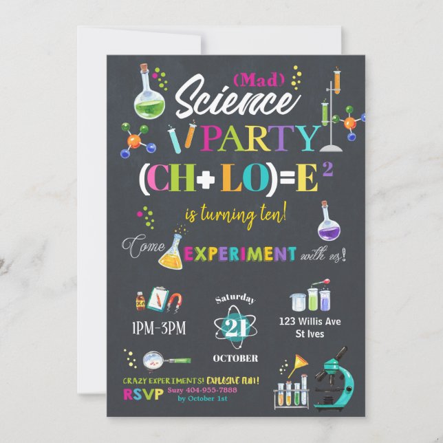 Mad Science Birthday Party Chalkboard Girl Einladung (Vorderseite)