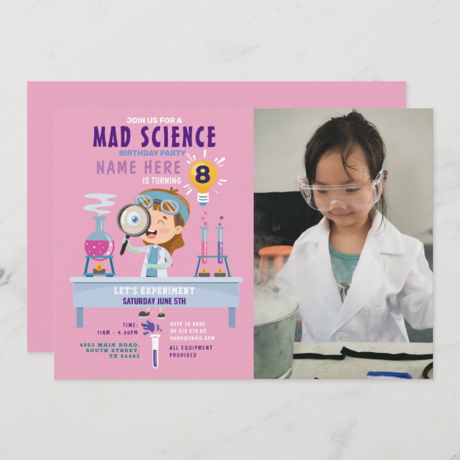 Mad Science Birthday Party Experiment Girls Pink Einladung (Vorne/Hinten)