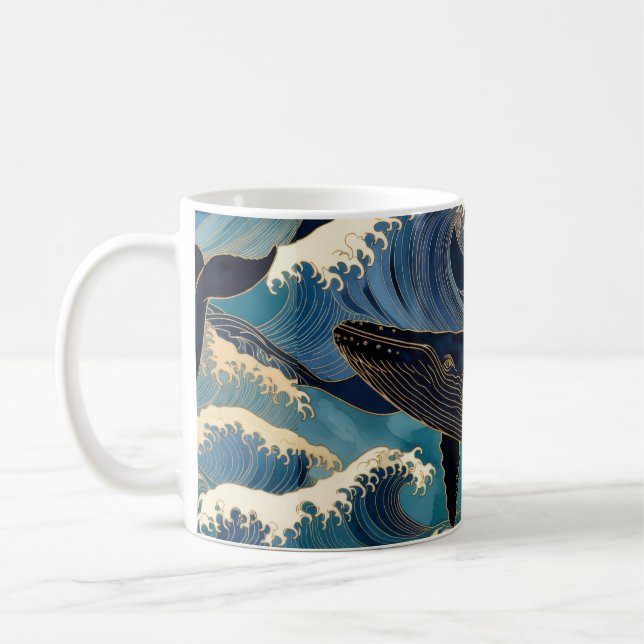 Madagascar Ocean Whale - Blue & Gold Waves |  Kaffeetasse (Links)