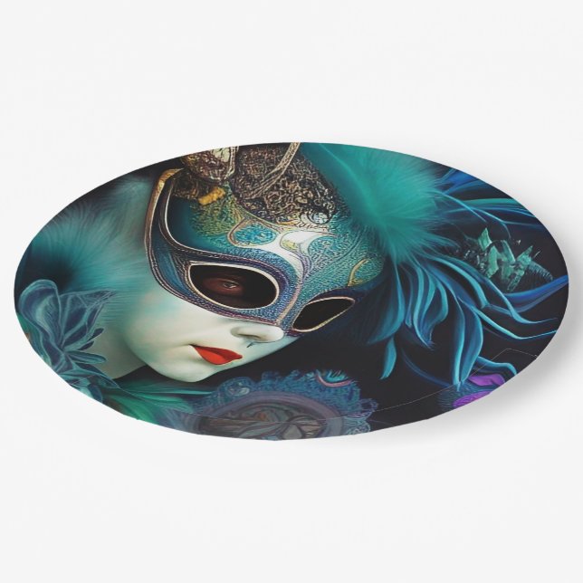 Madame Masquerade Aquamarin Pappteller (Schrägansicht)
