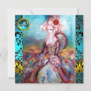 MADAME POMPADOUR, BLUE BLACK DAMASK BLUME MONOGRAM EINLADUNG