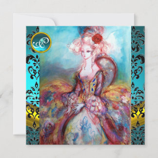 MADAME POMPADOUR, BLUE BLACK DAMASK BLUME MONOGRAM EINLADUNG