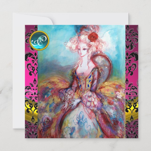 MADAME POMPADOUR, PINK BLACK DAMASK BLUME MONOGRAM EINLADUNG (Vorderseite)