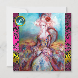 MADAME POMPADOUR, PINK BLACK DAMASK BLUME MONOGRAM EINLADUNG