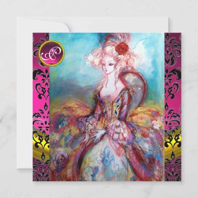 MADAME POMPADOUR, PINK BLACK DAMASK BLUME MONOGRAM EINLADUNG (Vorderseite)