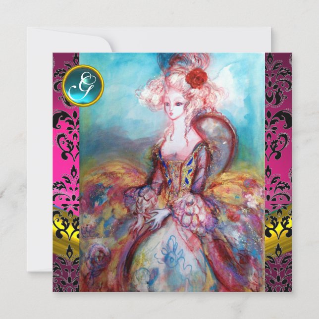 MADAME POMPADOUR, PINK BLACK DAMASK BLUME MONOGRAM EINLADUNG (Vorderseite)