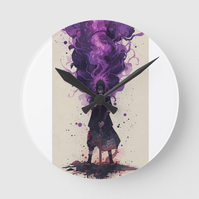 Madara Uchiha – Cinematic Watercolor Runde Wanduhr (Vorderseite)