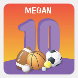 Mädchen 10. Geburtstag Sportbälle Quadratischer Aufkleber