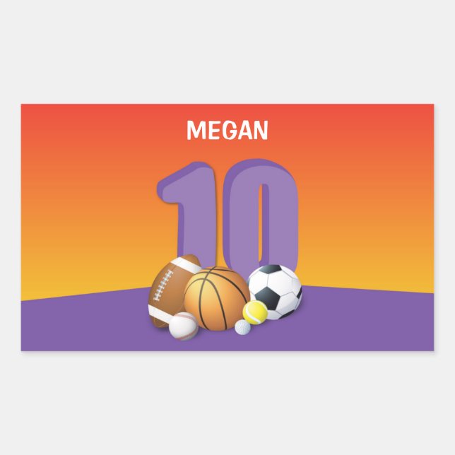 Mädchen 10. Geburtstag Sportbälle Rechteckiger Aufkleber (Vorderseite)