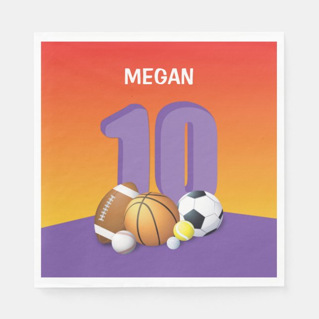 Mädchen 10. Geburtstag Sportbälle Serviette (Vorderseite)