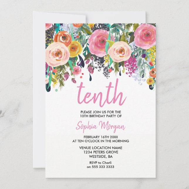 Mädchen 10. Geburtstagsparty Einladung Pink Blume  (Vorderseite)