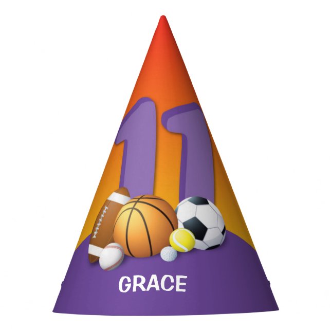 Mädchen 11. Geburtstag Sportbälle Partyhütchen (Vorderseite)