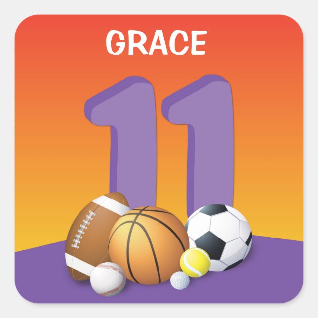 Mädchen 11. Geburtstag Sportbälle Quadratischer Aufkleber (Vorderseite)