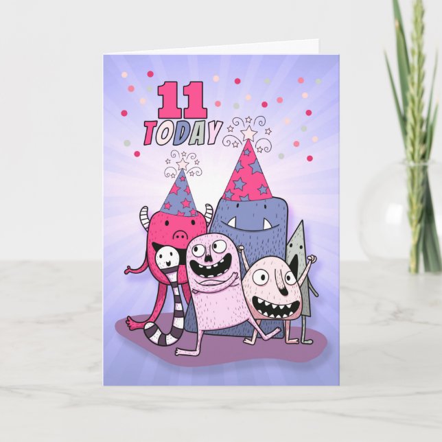 Mädchen 11. Rosa und Lila Monster Geburtstag Karte (Vorderseite)