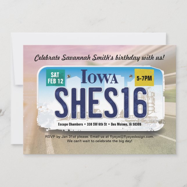 Mädchen 16. Geburtstag Iowa Lizenz Einladung (Vorderseite)