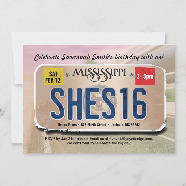 Mädchen 16. Geburtstag Mississippi Lizenz Einladun Einladung (Vorderseite)