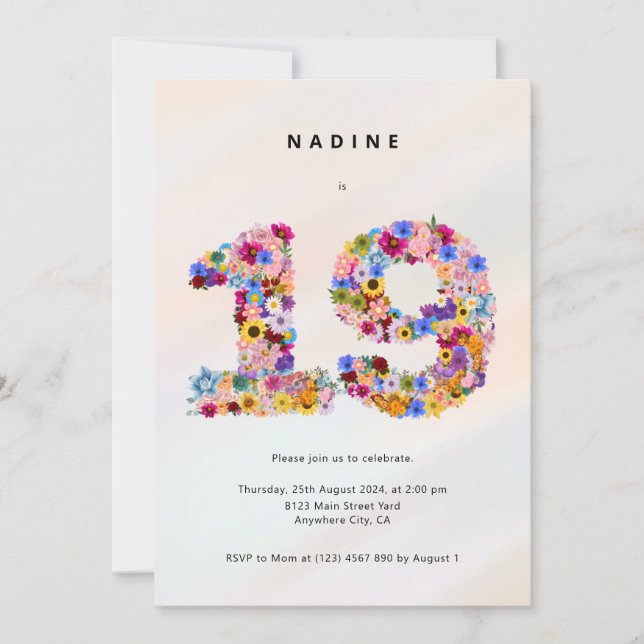 Mädchen 19. Geburtstag Einladung 19. Party (Vorderseite)