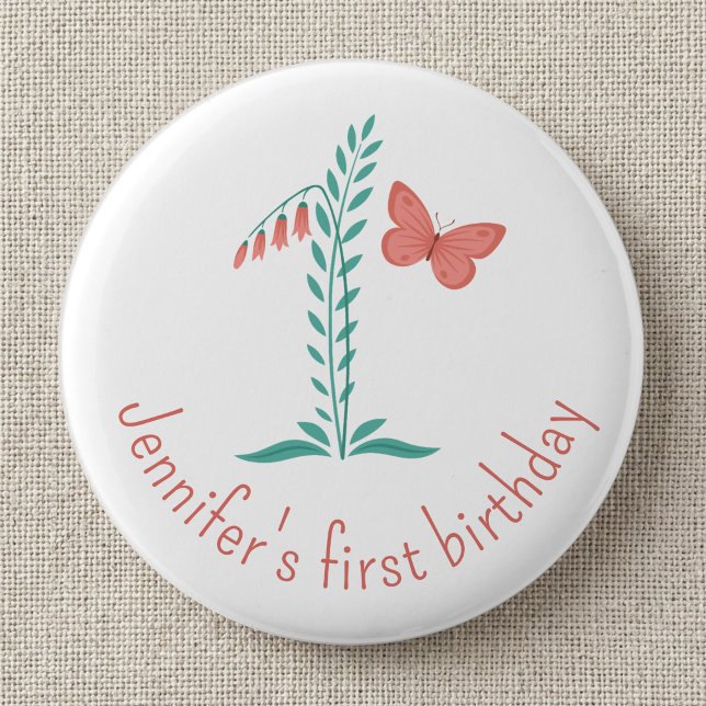 Mädchen 1. Geburtstag Baby Schmetterling Floral Button (Von Creator hochgeladen)
