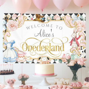 Mädchen 1. Geburtstag Hintergrund Alice im Land Banner