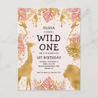 Mädchen 1. Geburtstag Party Rosa Jungle Safari Einladungspostkarte