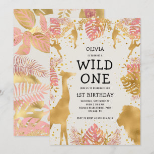 Mädchen 1. Geburtstag Pink Ecru Safari Einladung