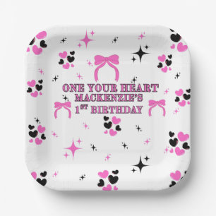 MÄDCHEN 1. GEBURTSTAG ROSA SCHWARZ 9X9 QUADRATISCH PAPPTELLER