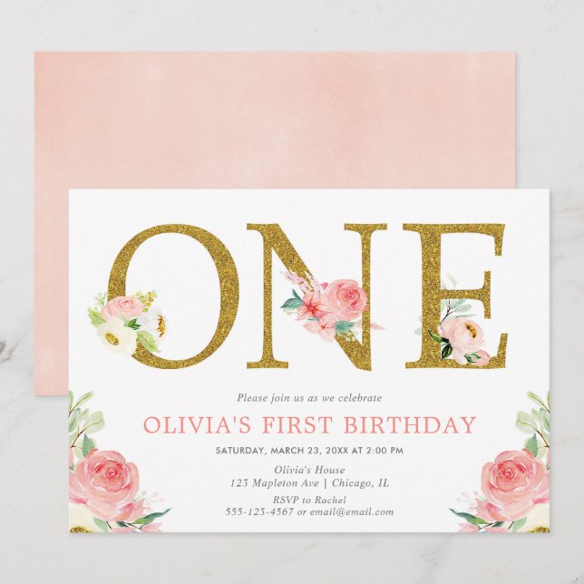 Mädchen 1. Geburtstag Rosa und goldene Blüte Einladung (Vorne/Hinten)