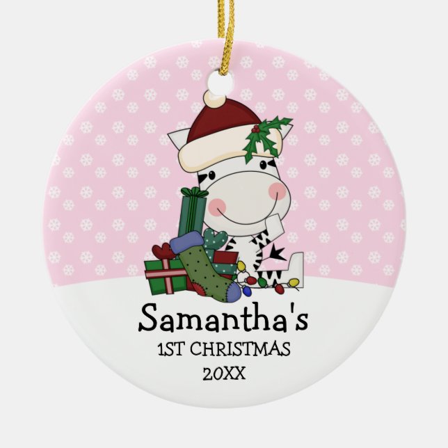 Mädchen-1. WeihnachtssanktZebra personalisiert Keramikornament (Vorne)