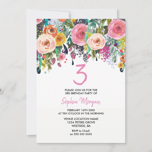 Mädchen 3. Geburtstag Party Einladung Pink Blume P (Vorderseite)