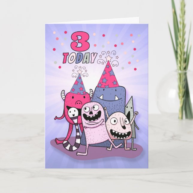 Mädchen 3. Rosa und Lila Monster Geburtstag Karte (Vorderseite)