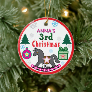 Mädchen 3. Weihnachten FOTO Rosa Graues Pferd Keramik Ornament