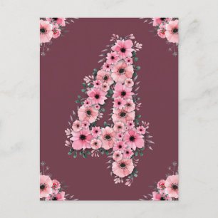 Mädchen 4. Geburtstag große rosa Blumen grünes Bla Postkarte