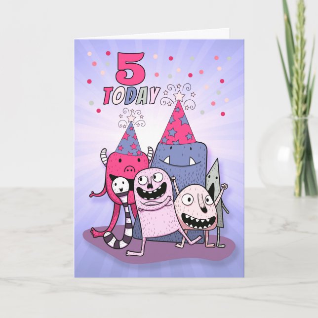 Mädchen 5. Rosa und Lila Monster Geburtstag Karte (Vorderseite)