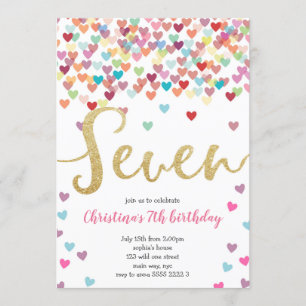 Mädchen 7. Geburtstag Herzchen Confetti Rainbow Gl Einladung