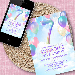 Mädchen 7. Geburtstag Rainbow Balloons Einladung