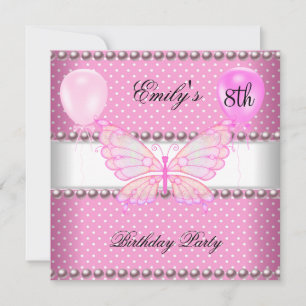 Mädchen 8. Geburtstag Schmetterling Rosa Perlen Ba Einladung