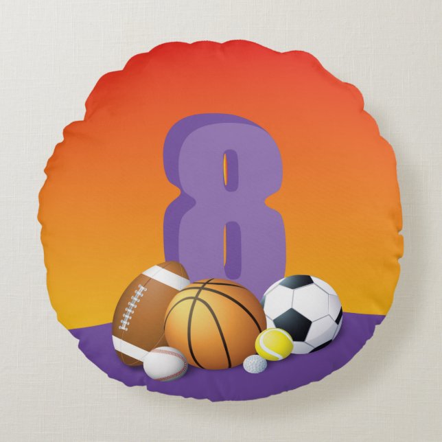 Mädchen 8. Geburtstag Sportbälle Rundes Kissen (Vorderseite)