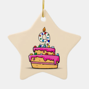 Mädchen 9. Geburtstag, 9 auf süßem rosa Kuchen Keramik Ornament