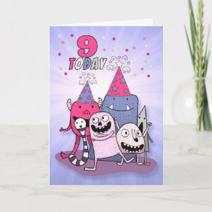 Mädchen 9. Geburtstag Rosa im Lila Cartoon Monster Feiertagskarte